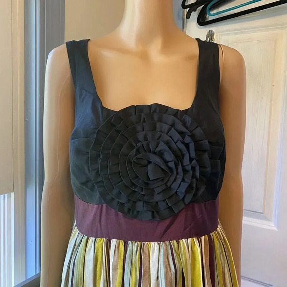 Anthropologie Burlapp Boutonniere Women's M Black Silk Rosette Flare Dress - Picture 6 of 8